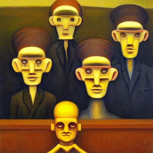 Prompt: queue of super - intelligent robots with kind eyes portrait, grant wood, pj crook, edward hopper, oil on canvas