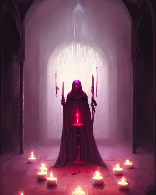 Image similar to Character concept art of Adult necromancer bringing dead to alive, casting dark magic spell. Castle room, lots of candles, barely lit warm violet red light, many transparent souls comes through the floor By greg rutkowski, tom bagshaw, beksinski