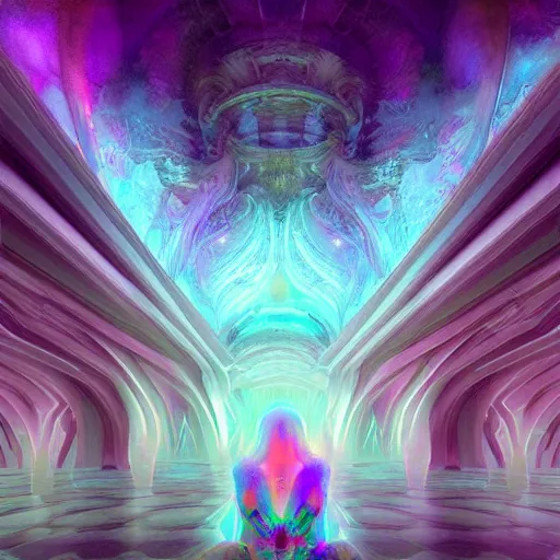 Image similar to long Shot of psychedelic misty chromatic astral temple , stylish, lsd, soft, trending on artstation, cinematic, artwork by WLOP