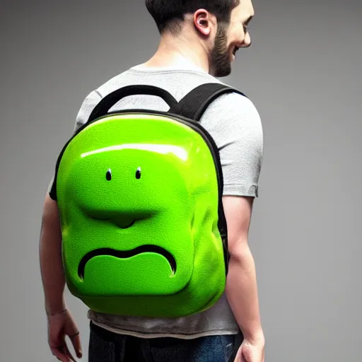 Prompt: A hyperrealistic green backpack with a face smiling, studio lighting, photoshoot, 8k, trending on artstation