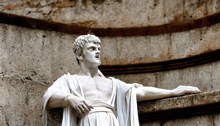 Prompt: 1 9 6 0 s movie still close - up of caligula in a white toga dead on the ancient amphitheater's stairs on a blood flaque, cinestill 8 0 0 t 3 5 mm, high quality, heavy grain, high detail, dramatic light, anamorphic, blood