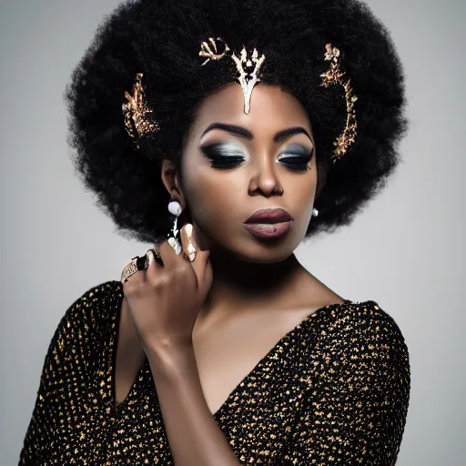Prompt: Photo of a black woman, natural make-up, crown with roses, bold, self-confidence, cinematic focus