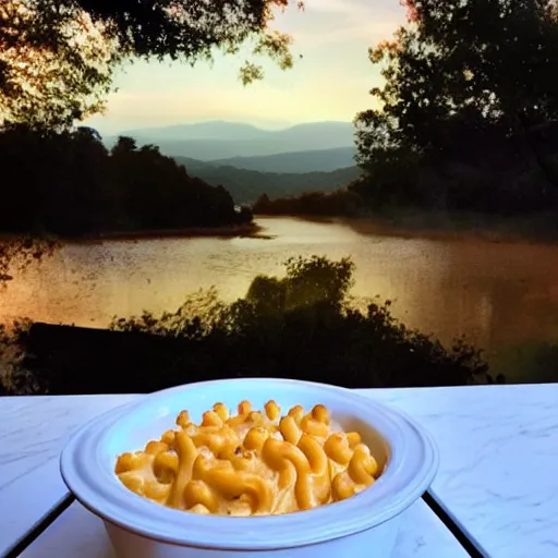 Image similar to a mac n' cheese dream. flowing with cheese. gorgeous vista.