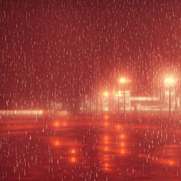 Image similar to a person enveloped in red silk cloth that blows in the wind stands in a dytopian highly detailed city at night, with volumetric lights in the distance and heavy rain falling. atmospheric light, rendering, octane, redshift, artstation