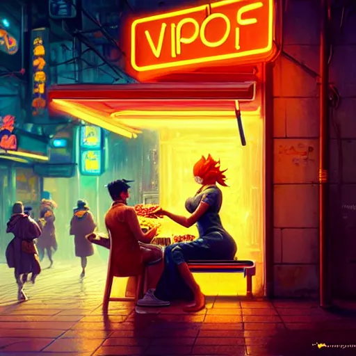 Image similar to splash art of anthropomorphic female vulpes vulpes fulva woman sitting at a noodle stand eating noodles in the crowded street of a cyberpunk city, rain, harsh neon lighting, realistic ultra detailed : by weta, greg rutkowski, wlop, ilya kuvshinov, rossdraws, artgerm, octane render, liosh, mucha