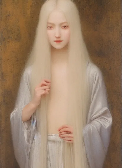 Prompt: thin young beautiful girl with silver hair, pale!, wearing robes, wearing hair, golden goddess, young cute wan korean face, silver hair!!, oil on canvas, style of jean delville, 4 k resolution, aesthetic!,