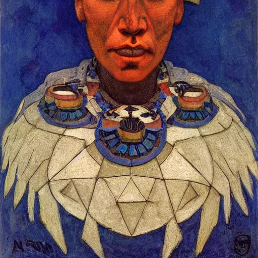 Prompt: the raven crown, by Annie Swynnerton and Nicholas Roerich and Diego Rivera, blue skin, elaborate costume, geometric ornament, rich color, dramatic cinematic lighting, smooth, sharp focus, extremely detailed