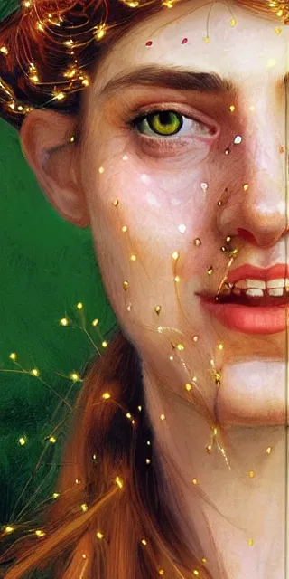 Prompt: a totally amazed smiling pretty woman surrounded by golden firefly lights amid grassland, fully covering intricate detailed bohemian outfit, long loose red hair, precise linework, accurate green eyes, small nose with freckles, beautiful smooth oval head, expressive emotions, hyper realistic ultrafine portrait by artemisia gentileschi, jessica rossier, greg rutkowski, artgerm