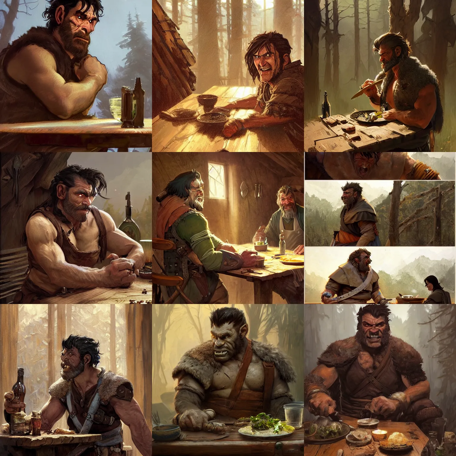 Prompt: a ruggedly handsome half - orc fighter with short brown hair sitting at a wooden table in a cabin eating stew, fantasy, highly detailed, digital painting, artstation, concept art, character art, art by greg rutkowski and tyler jacobson and alphonse mucha