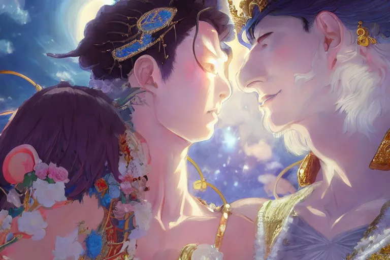 Image similar to close up moment of a divine a japan sun god and a moon goddess lovers magician at a wedding banquet, highly detailed, d & d, fantasy, 4 k realistic, digital painting, trending on artstation, concept art, sharp focus, illustration, art by makoto shinkai and akihiko yoshida and daniel gerhartz