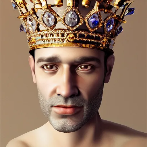 Prompt: Massimo Polidoro with a diamond jeweled crown with a golden crown, photorealistic, highly detailed, 8k, in the art style of Filip Hodas, 8k