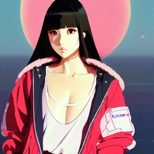 Image similar to a beautiful japanese natalie portman gravure model, wearing oversized native designer bomber jacket and leotard with overalls, bulky poofy bomber jacket with mesoamerican patterns, mesoamerican native street fashion, gapmoe yandere grimdark, trending on pixiv fanbox, painted by greg rutkowski makoto shinkai takashi takeuchi studio ghibli, akihiko yoshida