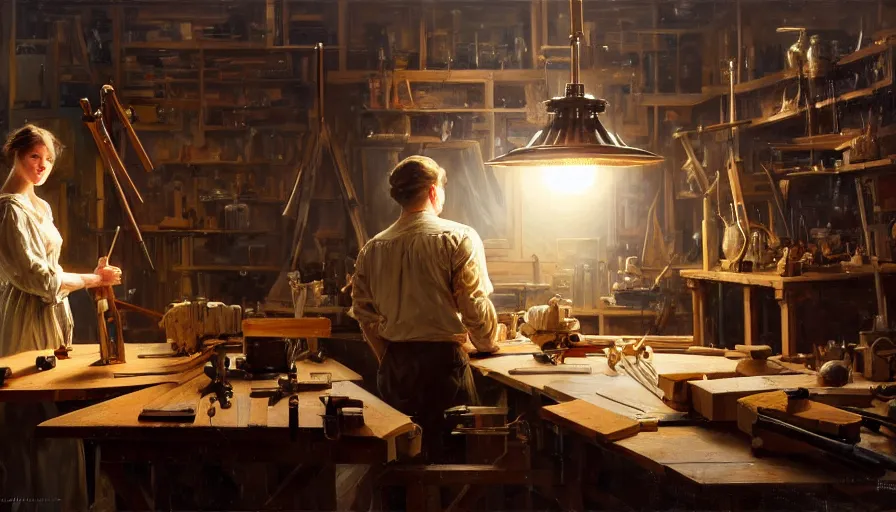 Image similar to highly detailed oil painting | very intricate | cinematic lighting | award - winning | craftsman | building a piece of furniture in their workshop | by greg rutkowski, by j. c. leyendecker, beautiful cinematic light, american romanticism, by anders zorn, by greg manchess, by jessica rossier, artstation, cgsociety, official art, octane