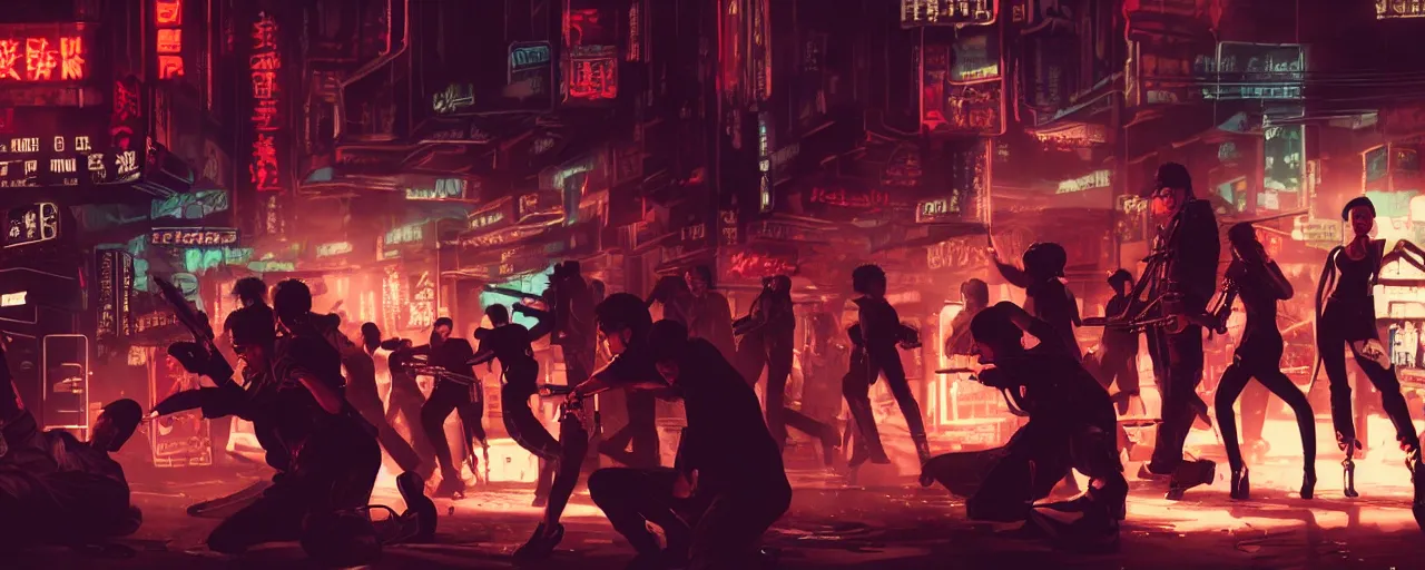 Image similar to highly detailed photo of gangsters and girls fighting in cyberpunk night adult club, 3 5 mm, guns and blades, low angle, blade runner, akira, cinematic angle, cinematic lighting, reflections, action, battle
