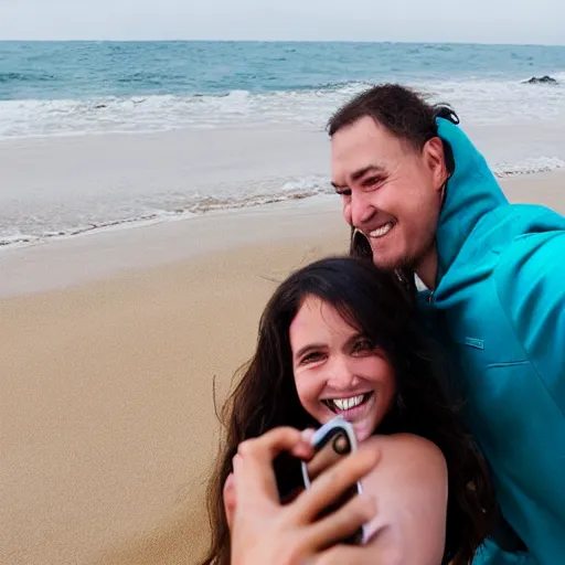 Prompt: Professional photograph, long shot, Smiling girl taking a selfie with a giant creature washed up on the beach