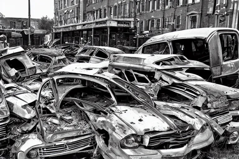 Image similar to pile of wrecked cars in the middle of the square, photo by John Free,