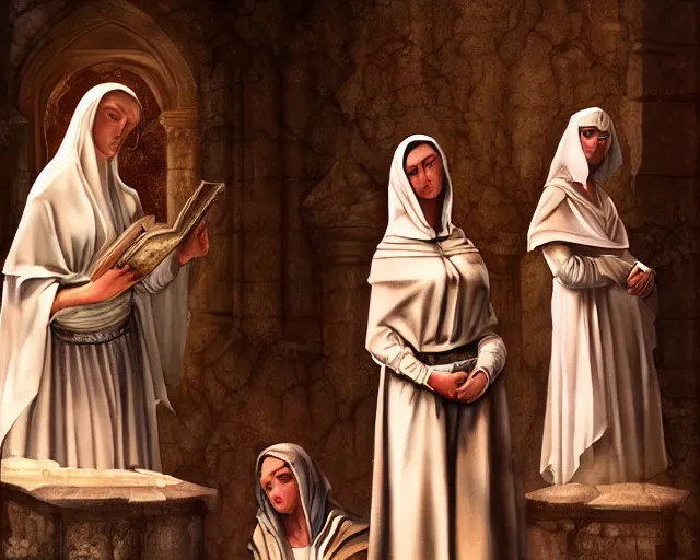 Prompt: photography of the three marys at the sepulchre, deep focus, biblical painting, illustration, art by artgerm and greg rutkowski and caravaggio