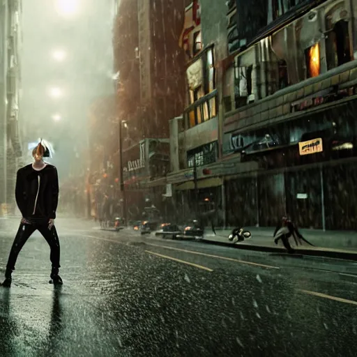 Prompt: cinematic shot of live action danny phantom at the climax of the film, cinematic lighting, super highly detailed, shot for imax, dark and gritty and raining in the city