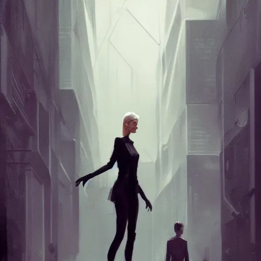 Image similar to concept art by greg rutkowski, a very tall and slender woman with blond hair, talking to a very tall and slender man with short black hair, brutalist futuristic interior, dark lighting atmosphere, detailed portraits, nostalgic atmosphere, scifi, digital painting, artstation, concept art, smooth, sharp foccus ilustration, artstation hq