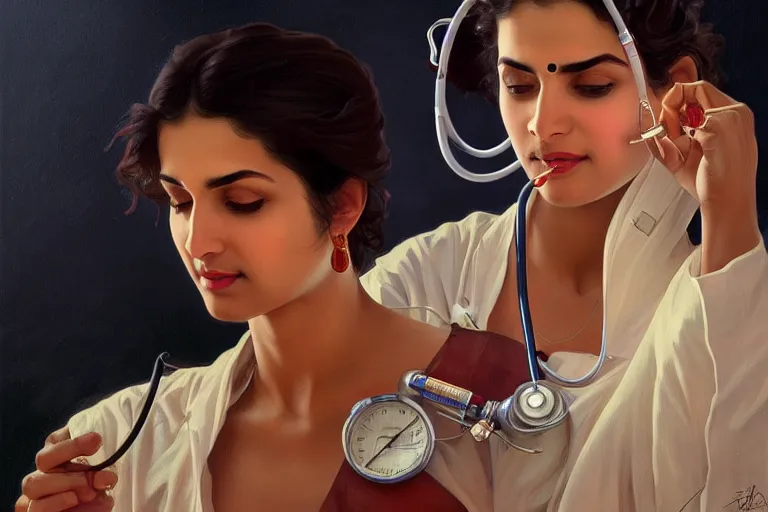 Image similar to sensual pale beautiful indian doctor in jeans with stethoscope, art deco portrait, elegant, intricate, digital painting, artstation, concept art, smooth, sharp focus, illustration, art by artgerm and greg rutkowski and alphonse mucha