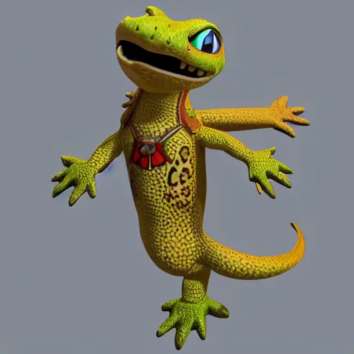 Prompt: 3D render front view of a leopard gecko, t-pose, anthropomorphic, concept art, Nintendo, The legend of Zelda a link to the past
