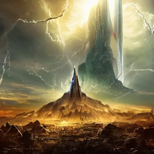 Prompt: the fall of god onto the earth caused by man, shattered earth, destroyed futuristic cities in the background, a gleaming tower in the horizon with light piercing the clouds, apocalyptic, atmospheric, high quality, high definition