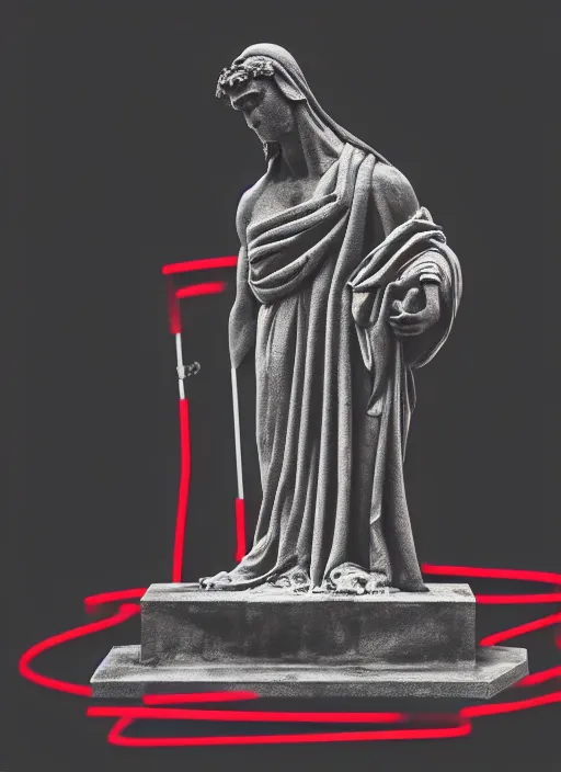 Image similar to black background, grey greco roman statue, thin red lines, gritty, dark, thin lines, vaporwave