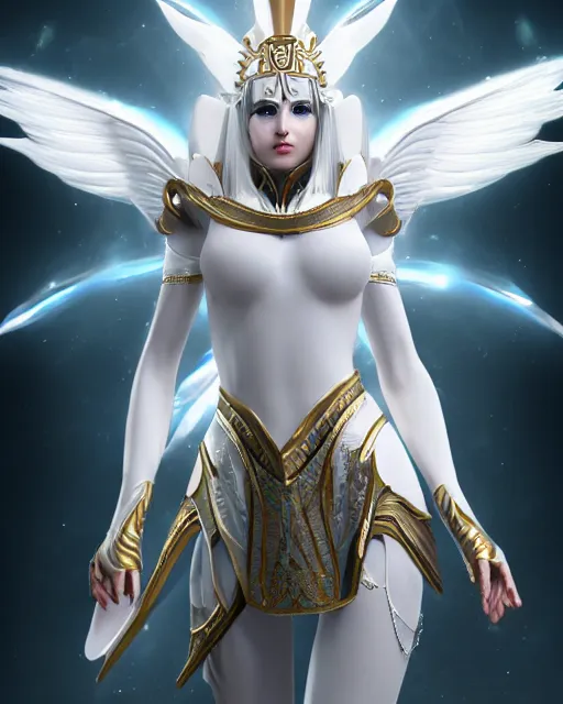 Image similar to perfect white haired egyptian goddess wearing white dove wings, warframe armor, regal, attractive, ornate, sultry, beautiful, ice queen, half asian, pretty face, blue eyes, detailed, scifi platform, 4 k, ultra realistic, epic lighting, android body, illuminated, cinematic, masterpiece, art by akihito tsukushi, voidstar