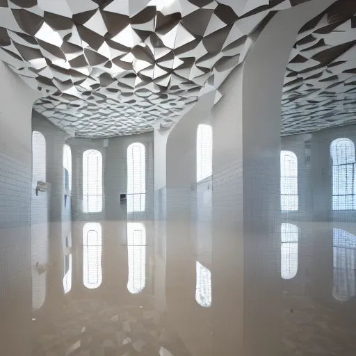 Image similar to photo of a vast interior space of irregular rooms and corridors, bizarre architecture. ceramic white tiles on all the walls. the floor is flooded with shallow water.