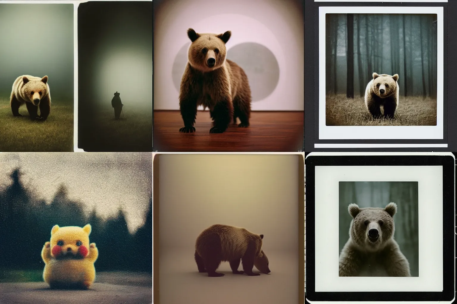 Prompt: grizzly bear as pikachu by discovery channel , Polaroid photo, vintage , neutral dull colors, soft lights, foggy mist , by oleg oprisco , by national archives, by discovery channel, by victor enrich , by gregory crewdson