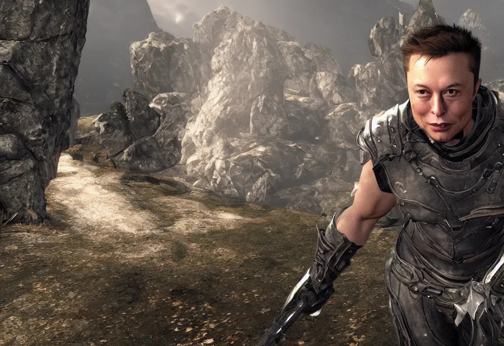 Image similar to a screenshot of elon musk in the video game skyrim. 3 d rendering. unreal engine. amazing likeness. very detailed.