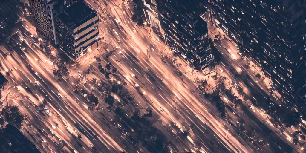 Image similar to a city street at night, raining, photograph, cars on the road, cyberpunk, sharp focus, intricate detail, drone shot, quick shutter speed