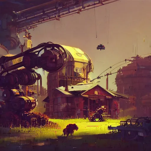 Image similar to dieselpunk concept art of a humble farm with robots and mechas working on it, grimy, gritty, dieselpunk trending on artstation, award winning painting, cgi, art by john berkey and anton fadeev and john howe and simon stalenhag