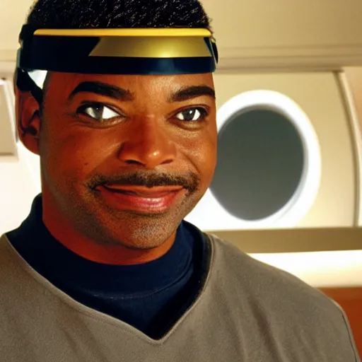 Image similar to Geordi La Forge wearing visor and a colander and random kitchen tools on his head