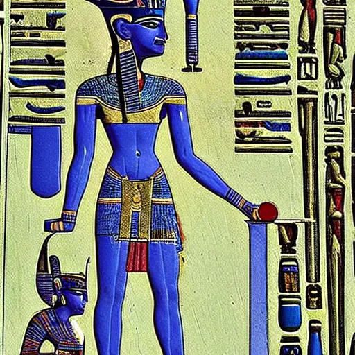 Image similar to ancient egyptian art featuring aliens robots cyborg