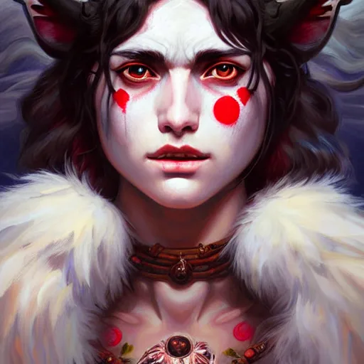 Image similar to Portrait of Princess Mononoke with red facepaint under her eyes, white fur, face, fantasy, intricate, elegant, highly detailed, digital painting, artstation, concept art, smooth, sharp focus, illustration, art by Fernanda Suarez and Artem Demura and alphonse mucha