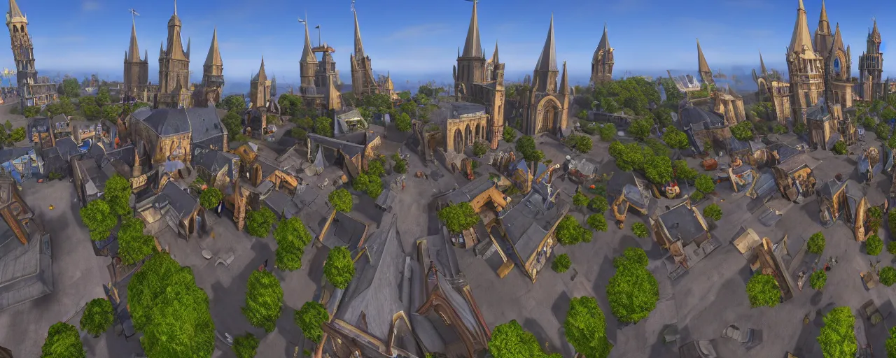 Image similar to 360 view of Cathedral Square in Stormwind City, panorama, unreal engine, 8k resolution