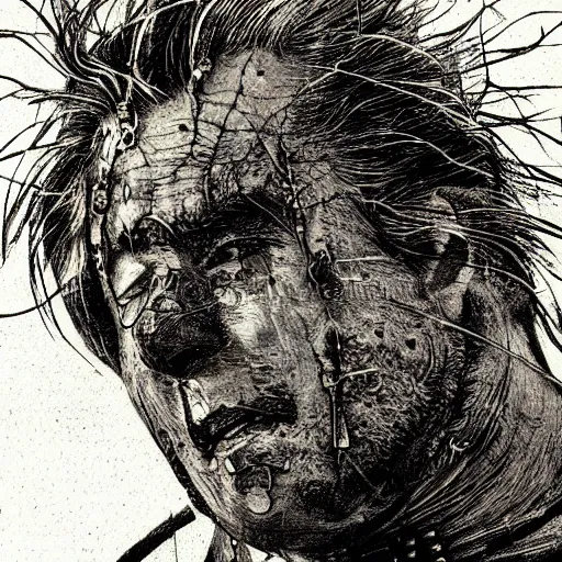 Image similar to Yoshitaka Amano realistic illustration of jeb bush ,hair fluttering in the wind, cracks on his face wearing Elden ring armour with engraving, abstract black and white patterns on the background, noisy film grain effect, highly detailed, Renaissance oil painting, weird portrait angle, blurred lost edges, three quarter view