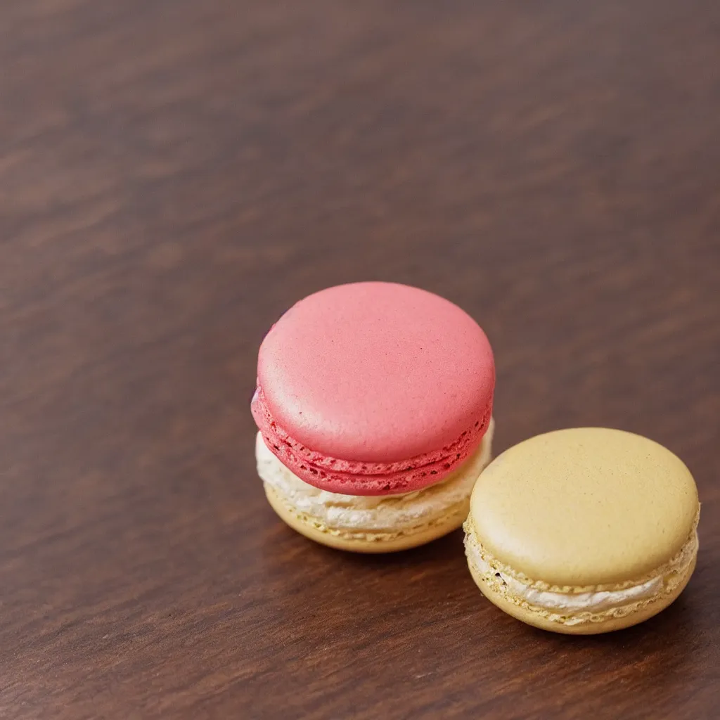 Prompt: close up view of a macaron on top of a wooden table, 4k, photorealistic