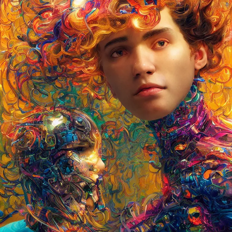 Prompt: an ultra real! facial portrait of a swirly haired cyborg from movie ex machina, vibrant colors, colorful wires, tropical, sunlight filtering through skin, dynamic hair movement, dynamic pose, glowing butterflies, j. c leyendecker, by alan lee, wlop! illustrated by starember, fantasy art by craig mullins