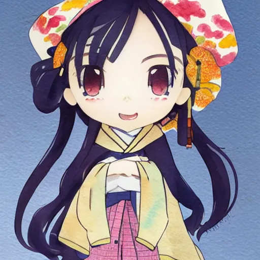 Image similar to beautiful water color concept art of face detailing cute nendoroid girl in the style of hokusai , toon rendering, close-up, no shade, modern art, kyoto animation