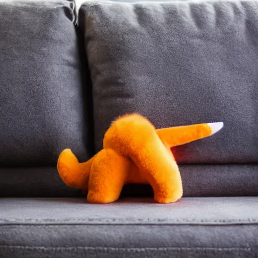 Prompt: colorful charizard fluffy plushy toy on the side of a couch, close up dslr photo