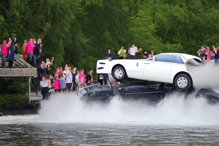 Image similar to Group of teenagers push Rolls-Royce into lake from small slide