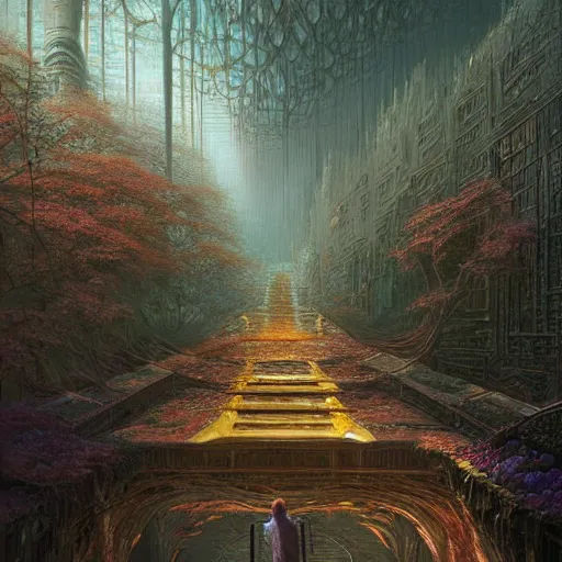 Image similar to opalescent walkway quantum digital art matte painting hyper realism sharp focus intricate details by tomasz alen kopera, victo ngai, greg rutkowski, tim white, beksinski, artgerm, paul lehr, andreas rocha