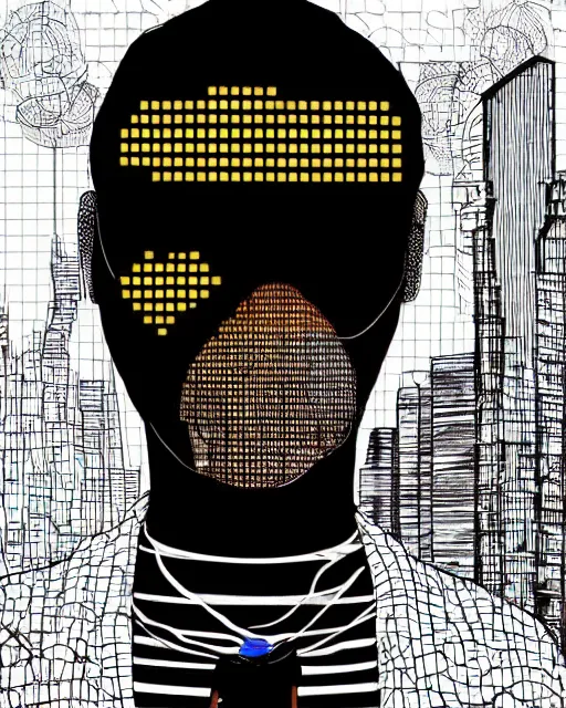 Image similar to cypherpunk fashion illustration, camera face, city street background with high tall buildings, abstract portrait highly detailed, finely detailed