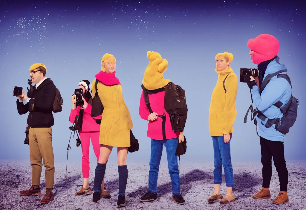 Image similar to full body portrait of a trio of european tourists cold climate travel apparel, with nikon cameras, various poses shooting photos, character designs painting, in the style of wes anderson, rene magritte, lola dupre, david hockney, isolated on white background, dark monochrome neon spraypaint accents volumetric octane render