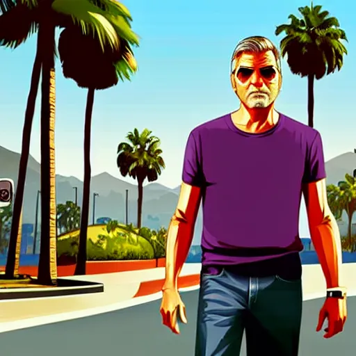 Image similar to george clooney in gta v. los santos in background, palm trees in the art style of stephen bliss