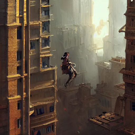 Prompt: First person POV of a character jumping through the window of a tall building in a bustling steampunk city built in the desert, game concept art, artstation, digital painting