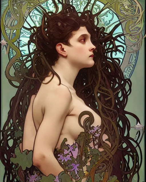 Image similar to side profile portrait of Medusa by Alphonse mucha, art nouveau, oil on canvas, wisps, snakes, foliage, lush, cinematic composition, cinematic concept art, volumetric lighting, high octane render, unreal engine, high detail, realism, hyper-real