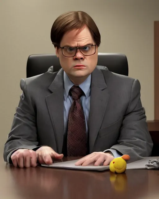 Image similar to film still from the office, dwight schrute as a muppet. highly detailed felt. hyper real photo. 4 k.